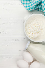 Fototapeta premium Dairy products, milk, cottage cheese and eggs