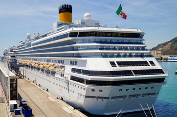 Costa Cruises and Aida Cruises cruiseships or cruise ship liners in port of Barcelona in Spain with...