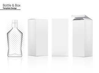 3D Glossy Transparent Bottle Mock up Realistic Cosmetic and 3 Dimensional Box for water mouth wash merchandise on White Background Illustration. Health Care and Medical.