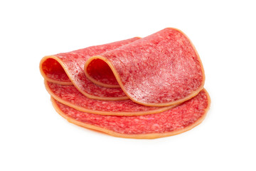 Salami slices isolated on white background.