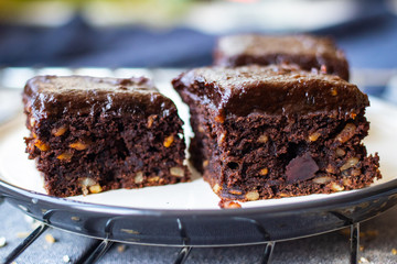 Brownie chocolate cake. Sweet dessert vegan food breakfast.