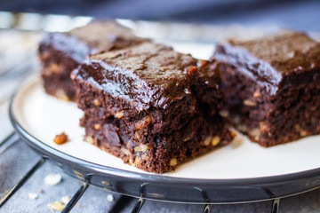 Brownie chocolate cake. Sweet dessert vegan food breakfast.