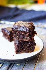 Brownie chocolate cake. Sweet dessert vegan food breakfast.
