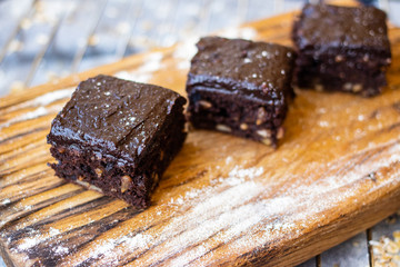 Brownie chocolate cake. Sweet dessert vegan food breakfast.