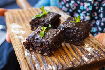 Brownie chocolate cake. Sweet dessert vegan food breakfast.