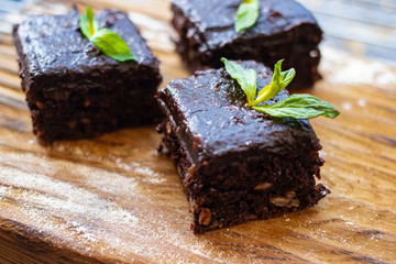 Brownie chocolate cake. Sweet dessert vegan food breakfast.