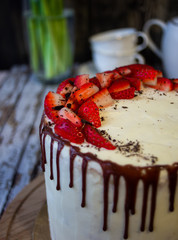 Strawberry cake for the holiday, chocolate drops.