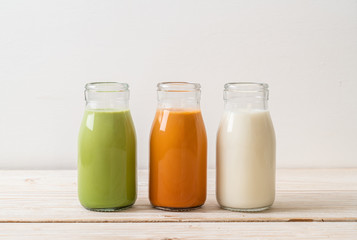 Collection of beverage Thai milk tea, matcha green tea latte and fresh milk