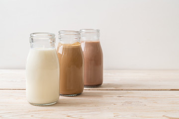 chocolate milk, coffee and fresh milk in bottle