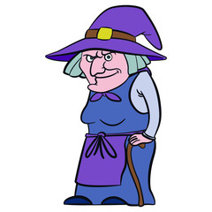 a laughing witch with a pointed hat and walking stick. Halloween, comic, illustration.