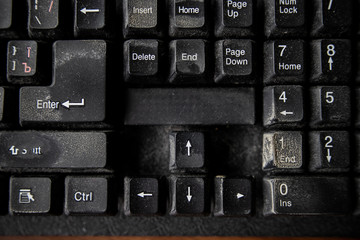 Close up dirty keyboard, unhygienic equipment in home or office
