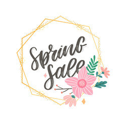 Spring Sale Word Hanging on Leaves with Strings. Vector Illustration flowers