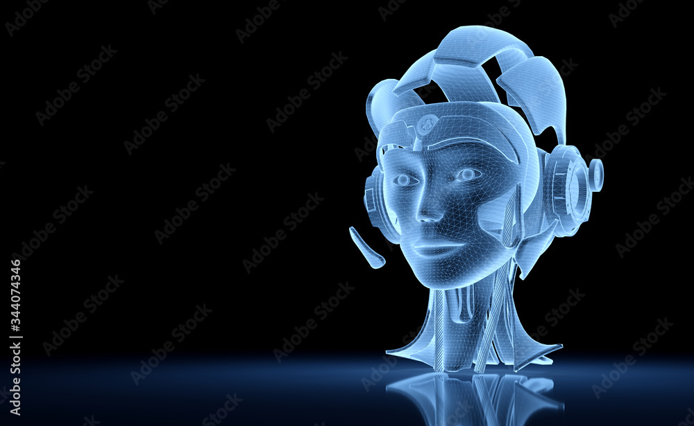 Poster artificial intelligence holographic projection with robot head 3d rendering