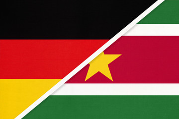 Germany vs Suriname, symbol of two national flags. Relationship between european and american countries.