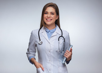 doctor dressed white medical uniform holding book