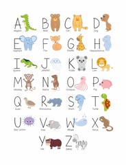 English children's alphabet with animals and hand lettering. Poster for the children's room. Isolated flat animals on a white background