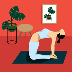 Woman practicing yoga at home, vector flat design