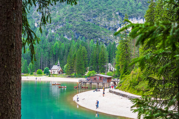 Emerald charm on the Braies lake. Dolomites dream. UNESCO. Italy.