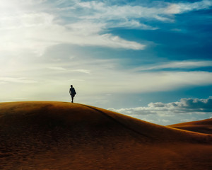 sandy desert. a man walks along a sandy desert