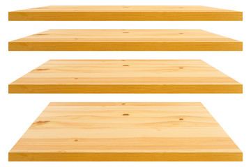 Natural color pine wooden shelves isolated on grey background