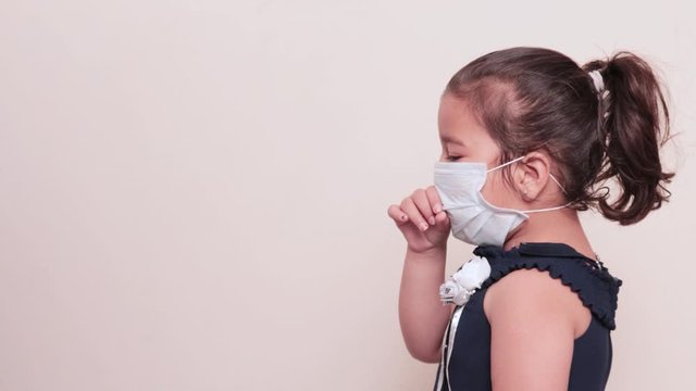 Asian  Girl Child  With Coughing with mask  of face Symptoms of Covid-19 ,Corona virus