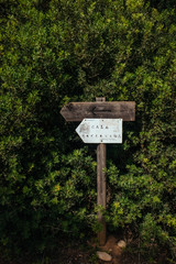 Old wooden signpost with arrow pointing to Cala Excorxada on green plant background on the island of Menorca, Spain.