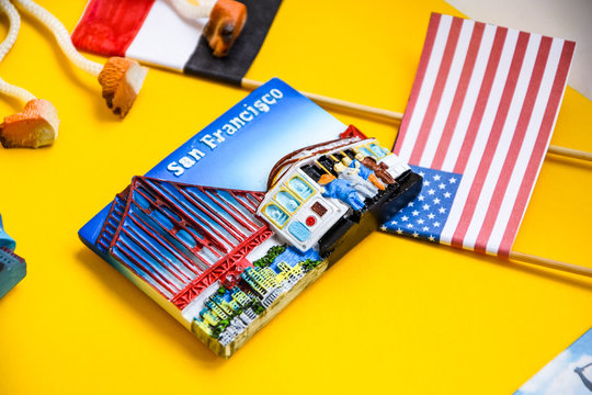 San francisco magnet on yellow background , golden gate bridge, travel concept