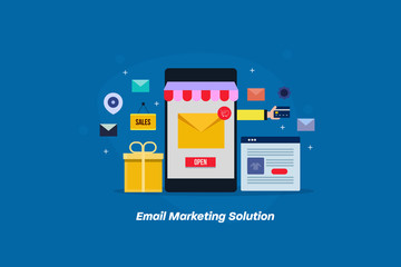 Email marketing solution for mobile ecommerce store, business technology and digital media marketing, online shopping on smartphone concept.