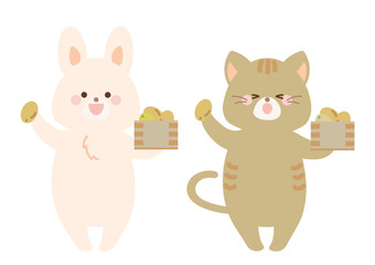 2月　豆まきするうさぎとネコ