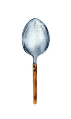 hand drawn watercolor one tablespoon isolated with wooden handle on a white background.