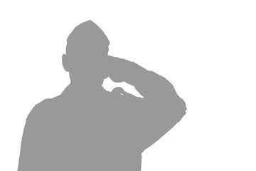Shadow of a soldier Israel Defense Forces, IDF with salutes on white isolated background.  Soldier in army Tzahal uniform with a beret on his head - obrazy, fototapety, plakaty