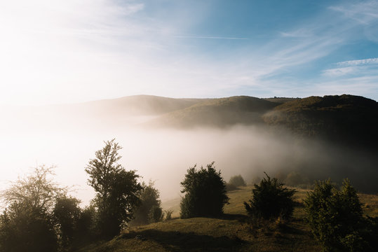 Nice image of the mist at sunrise over a landscape of green hills and small trees under a blue sky in autumn.