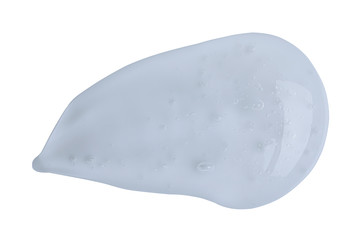 Sample of transparent cosmetic gel on white background, top view