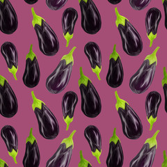 Seamles aubergine pattern Eggplant drawn in a realistic style on a claret background. Vegetables for diet, vegetarian, healthy eating. Use as restaurant menu, packaging, product design, banners