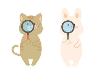 虫眼鏡を持つ猫とうさぎ