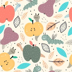 Foto auf Glas Seamless pattern with apples, worms, pears, caterpillars, decor elements on a neutral background. colorful vector for kids. hand drawing, flat style. baby design for fabric, print, textile, wrapper © Ann1988
