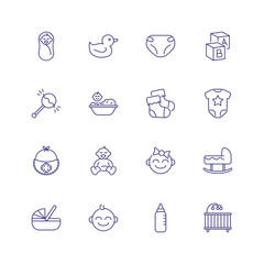 Childcare icons. Set of line icons on white background. Baby, diapers, cradle. Childbirth concept. illustration can be used for topics like childhood, parenthood, children products