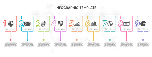 Elements infographic template with number 9 options, thin line style.