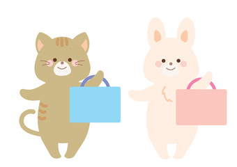 手提げかばんを持つ猫とうさぎ