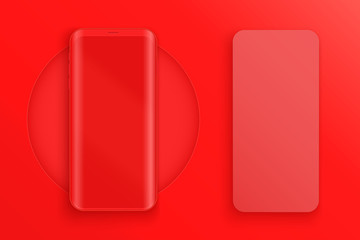 Smartphone two layout presentation mockup in red color. Example frameless model mobile phone with touchscreen. Project application mockup. Vector Illustration