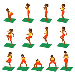 Woman doing her workout.Hand drawn flat style set.Young afro american girl doing fitness on the mat. Illustration of jumping and doing exercises woman. Concept of sport and healthy lifestyle.