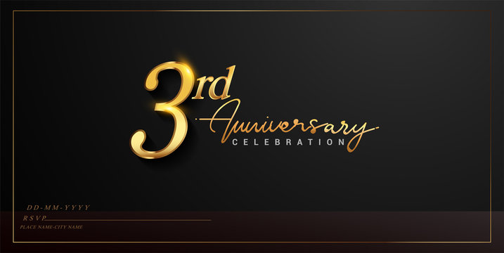 3rd anniversary celebration logotype with handwriting golden color elegant design isolated on black background. vector anniversary for celebration, invitation card, and greeting card