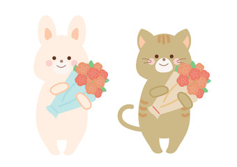 花束を持つうさぎと猫　セット