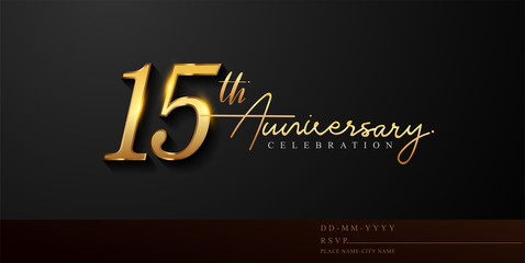 15th anniversary celebration logotype with handwriting golden color elegant design isolated on black background. vector anniversary for celebration, invitation card, and greeting card