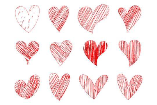 Vector  red Heart shape frame with brush. Heart hand drawn icons set isolated on white background. For poster, wallpaper and Valentine's day. Collection of hearts, vector illustration