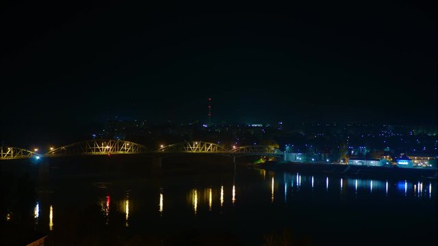 M&aacute;ria Val&eacute;ria bridge night time-lapse from Esztergom. Bridge between Slovakia and Hungary. Reflect lights in Danube.