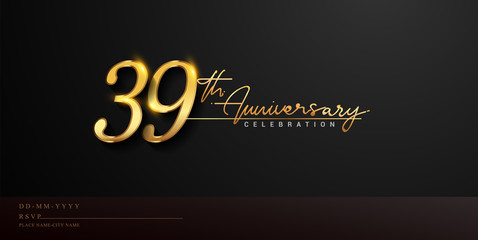 Naklejka premium 39th anniversary celebration logotype with handwriting golden color elegant design isolated on black background. vector anniversary for celebration, invitation card, and greeting card