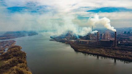 metallurgical production plant full cycle smoke from pipes bad ecology aerial photography