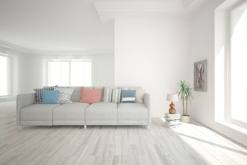 White living room with sofa. Scandinavian interior design. 3D illustration