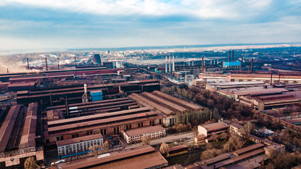 metallurgical production plant full cycle smoke from pipes bad ecology aerial photography
